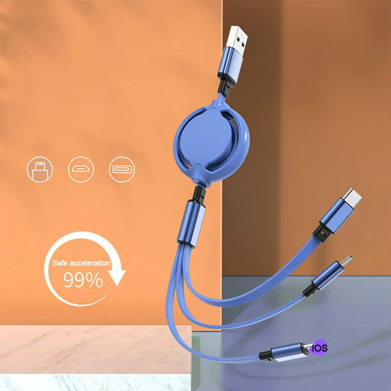 USB Cable 3 in 1 Retractable Data Cable for IPhone Charger Fast Wire Charging Cable for  Lightning Android Type C Xiaomi Huawei