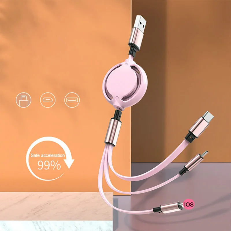 USB Cable 3 in 1 Retractable Data Cable for IPhone Charger Fast Wire Charging Cable for  Lightning Android Type C Xiaomi Huawei